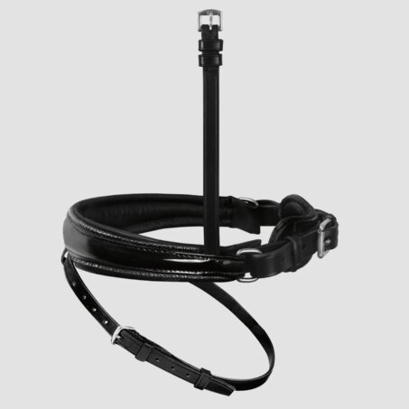 Anatomischer Wechselnasenriemen Reithalfter Spezial mit Lackleder und glänzendem Zierkeder mit kleinen Premium Crystals in Graphite und Sperrriemen